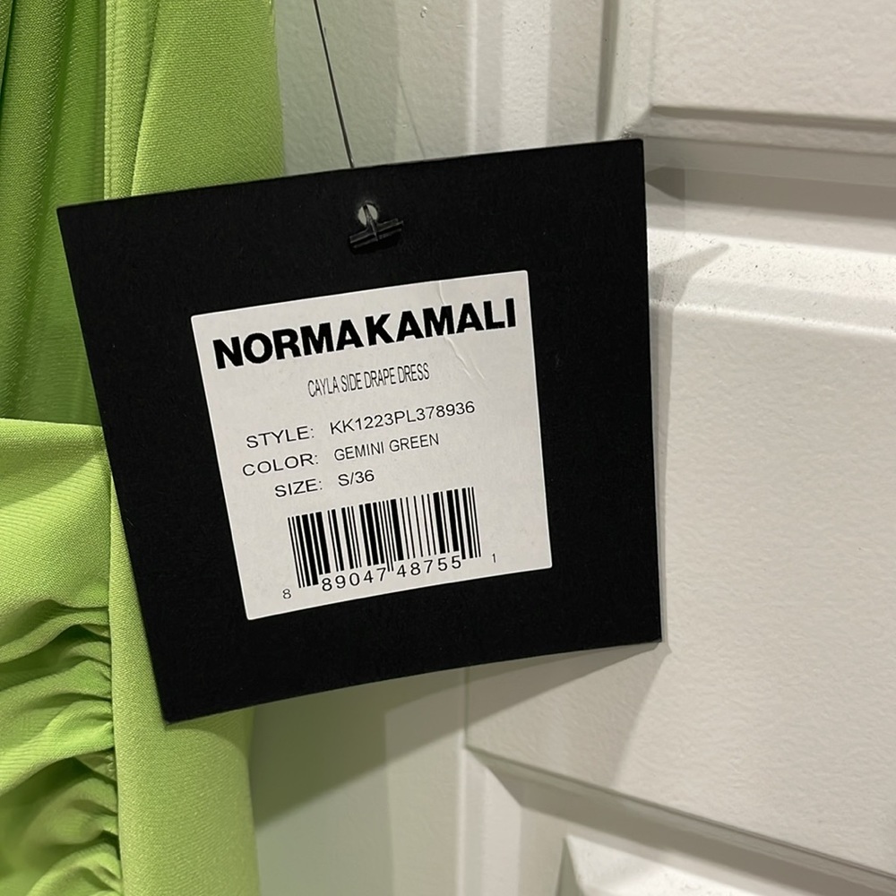 Norma Kamali Neon Lime Ruched Asymmetrical Halter Dress - Picture 8 of 11